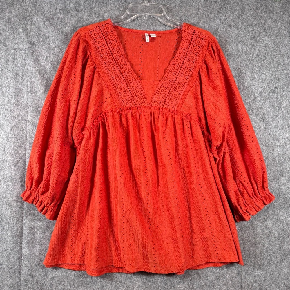 Babydoll Eyelet Top Womens Plus Sz 18/20 V-Neck Lace Peasant Boho Fall Orange